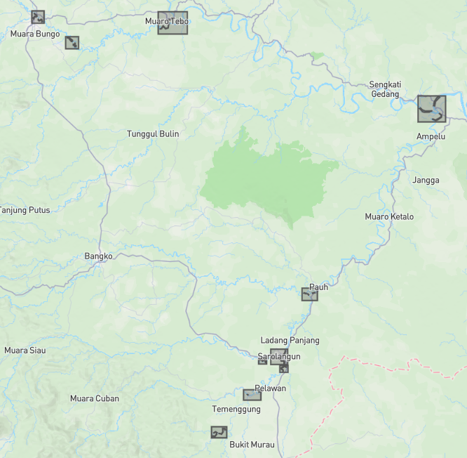 Map showing all ten locations of interest (confluence monitoring sites) across the Tebo and Tembesi basins in Sumatra