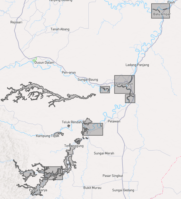 Sentinel-2 derived suspended matter map of the Batang Tembesi basin showing sediment concentrations across the full river network