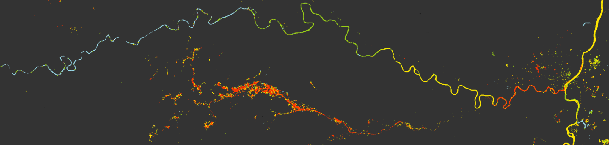 Satellite-derived suspended matter gradient map of the Batang Tembesi river system — color scale from blue (low concentration) to red (high concentration) revealing the spatial pattern of mining-sourced sediment across the full basin