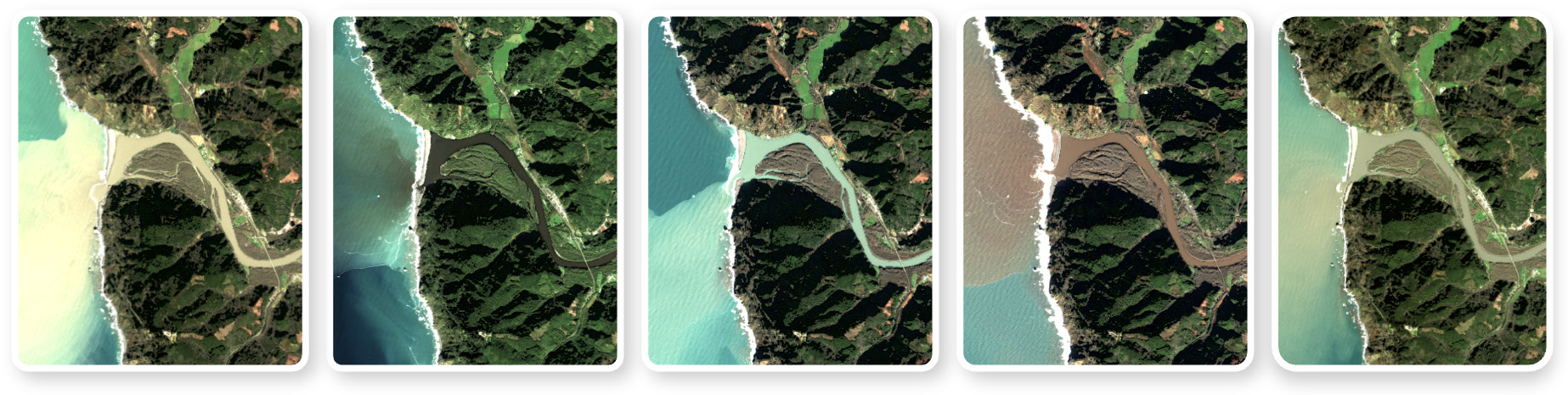 Five satellite snapshots of the Klamath River mouth showing distinct water types: sandy low-flow, dark organic, clear turquoise snowmelt, red-brown storm runoff, and milky sediment-laden water.