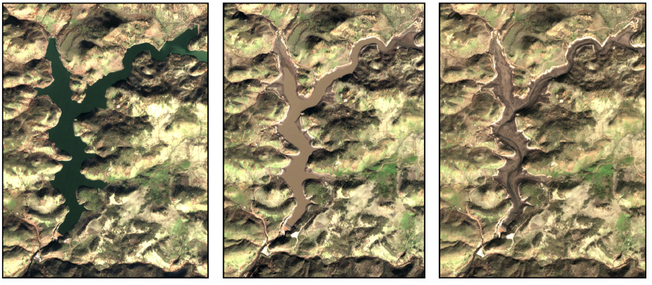 Sentinel-2 imagery of Iron Gate Reservoir before, during, and after dam removal — reservoir water replaced by exposed sediment and free-flowing river channel