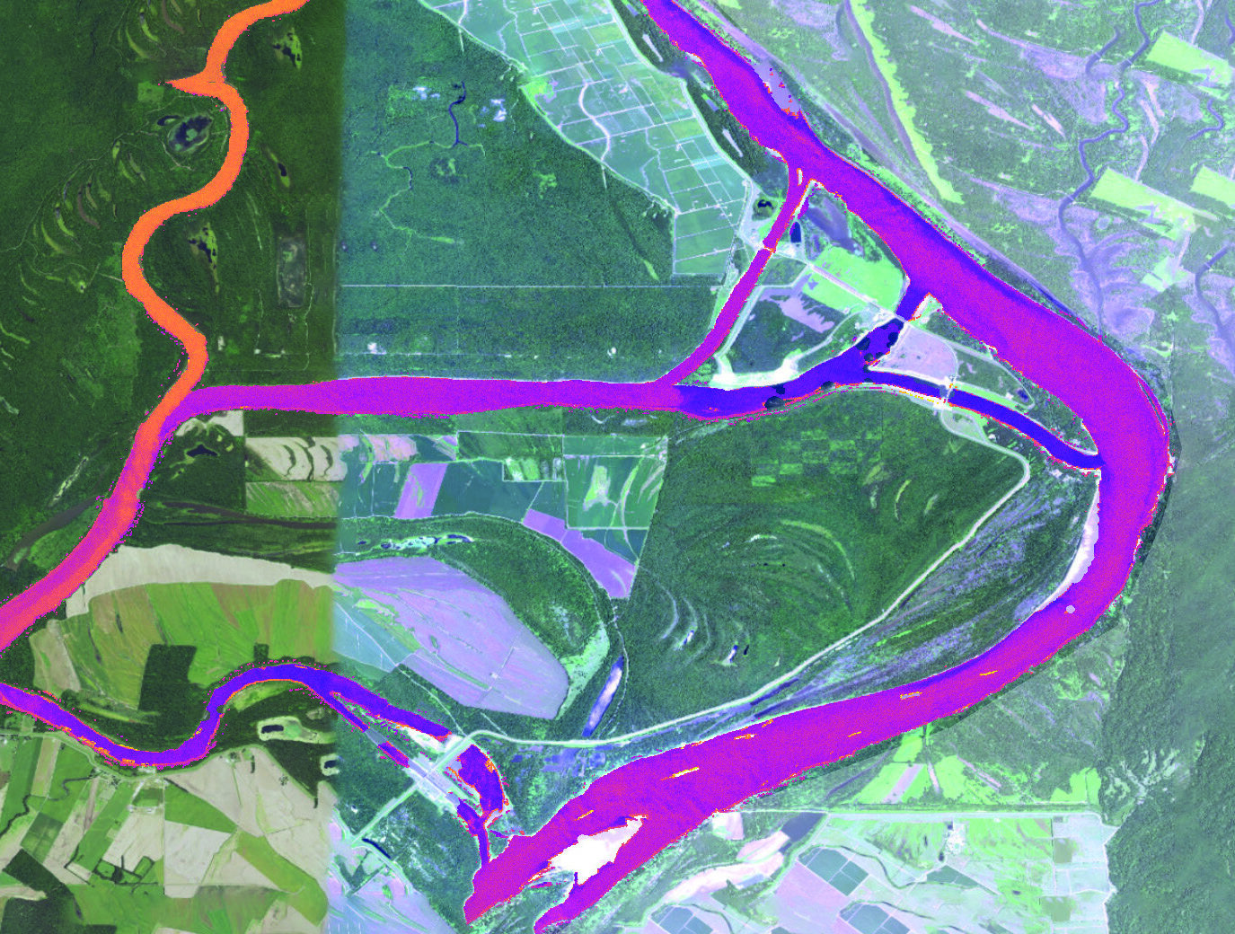 Satellite nitrate mapping overlay on the Mississippi-Atchafalaya confluence showing spatial nutrient distributions